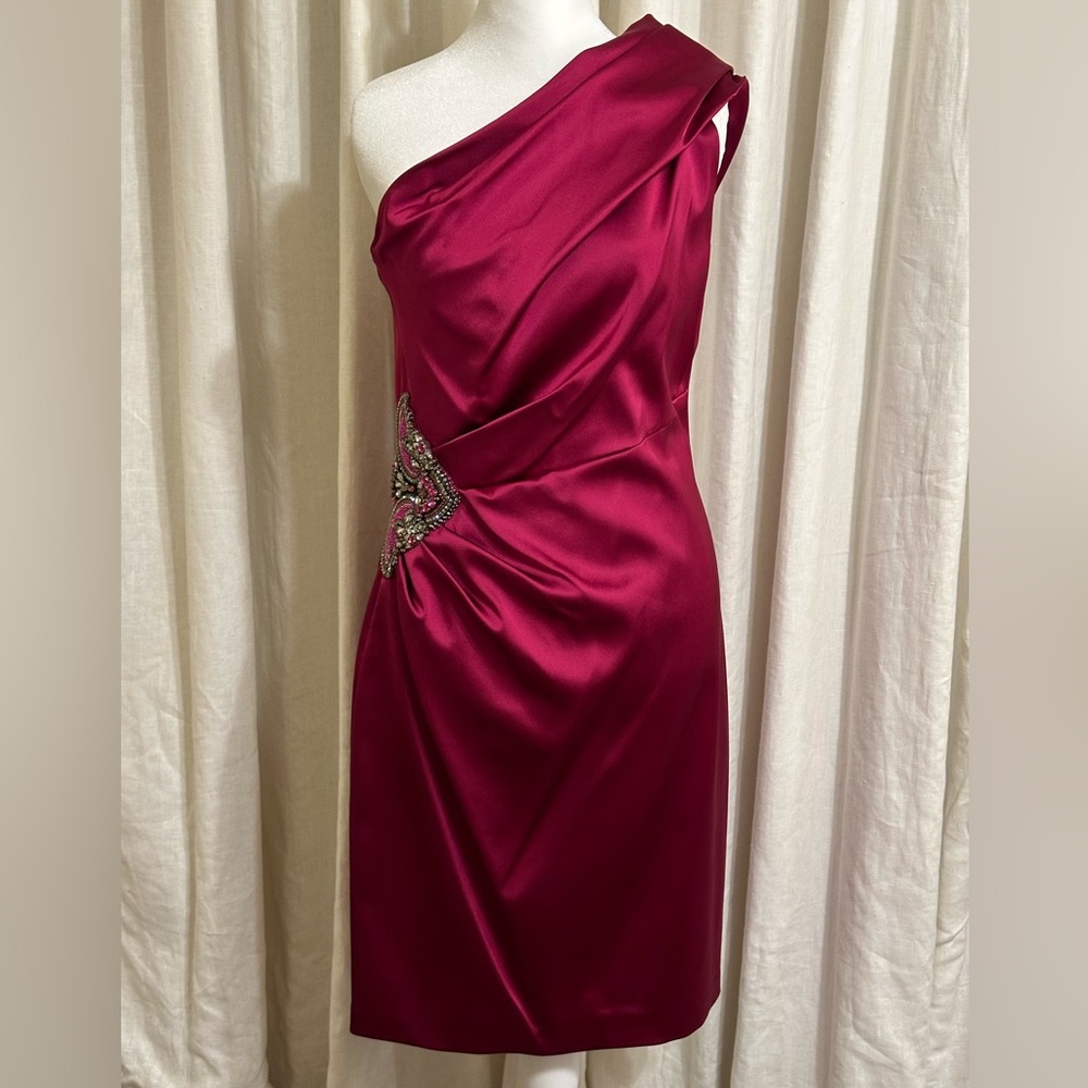 David Meister Women’s Size 8 Cranberry One Shoulder Sheath Dress with Beading